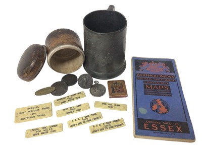 Lot 778 - Of Essex interest: Pewter pint tankard inscribed “James Neil, Wharf Hotel, Grays Essex”: together with wooden box containing 7 Bakelite labels from 1907 – 08 – 1910 from the Essex Motor Club, inclu...