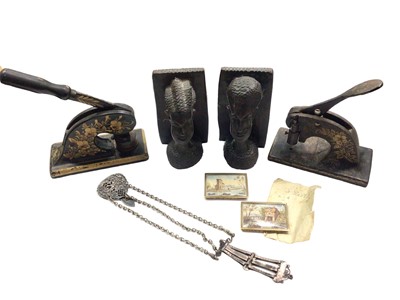 Lot 368 - Victorian silver plated chatelaine, pair of African carvings, two Victorian desk stamps and two miniature watercolour paintings