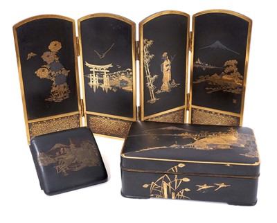 Lot 634 - Japanese mixed metal four fold miniature screen, a similar box and cigarette case.