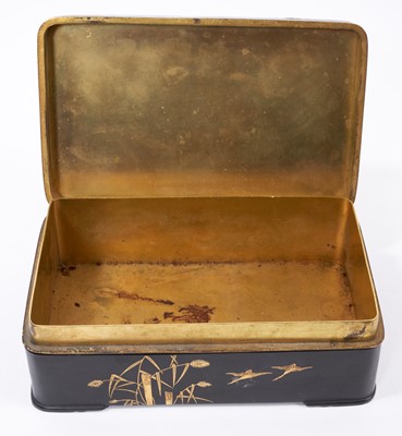 Lot 634 - Japanese mixed metal four fold miniature screen, a similar box and cigarette case.