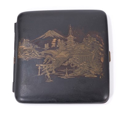 Lot 634 - Japanese mixed metal four fold miniature screen, a similar box and cigarette case.