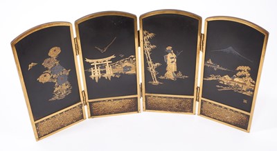 Lot 634 - Japanese mixed metal four fold miniature screen, a similar box and cigarette case.