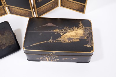 Lot 634 - Japanese mixed metal four fold miniature screen, a similar box and cigarette case.