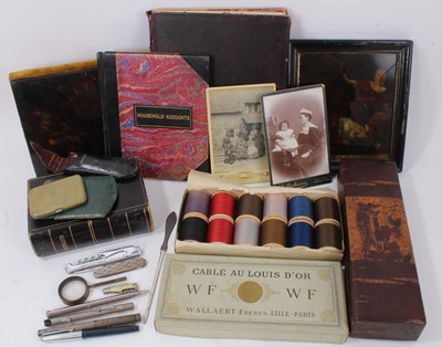 Lot 656 - Various works of art including pens, pen knives, boxes, faux shagreen card case, reverse print on glass, folding map, other items