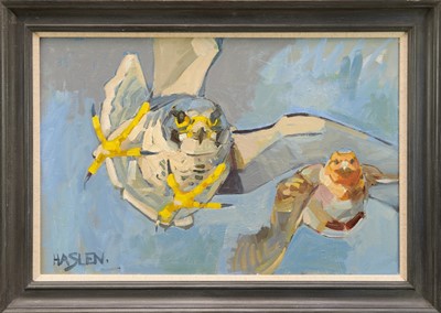 Lot 809 - Andrew Haslen (b.1953) oil on canvas, Peregrine and Partridge, signed, 40cm x 60cm, framed