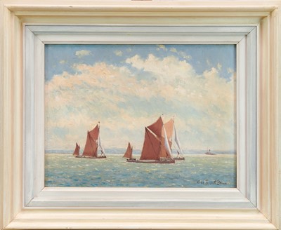 Lot 1399 - *Hugh Boycott Brown (1909-1990) oil on board - Barges on the Orwell, signed, 30cm x 40cm, framed