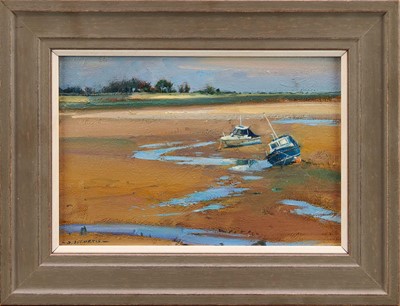 Lot 1400 - *David J. Curtis, contemporary, oil on board - Wells Estuary, signed, 16.5cm x 24cm, framed