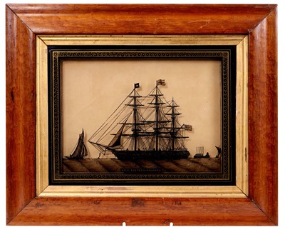 Lot 669 - Regency style reverse ship painting on glass, depicting H.M.S. Eastern-Monarch, painted in black with gilt heightening, in swept maple frame, total size 35 x 42cm