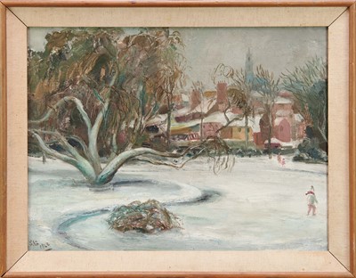 Lot 1398 - Sylvia St George (1880-1951) oil on canvas - snow covered Colchester landscape, initialled and dated 1942, framed, 45cm x 60cm