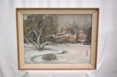 Lot 1398 - Sylvia St George (1880-1951) oil on canvas - snow covered Colchester landscape, initialled and dated 1942, framed, 45cm x 60cm