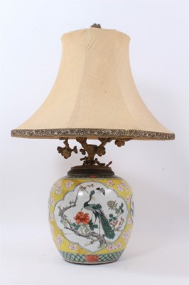 Lot 11 - Chinese famille jaune porcelain jar, decorated with panels containing flowers, insects and a peacock, on a yellow ground with prunus blossom, Qianlong seal mark to base but 19th century, converted...