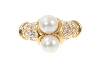 Lot 682 - David Morris 18ct yellow gold brilliant cut diamond and Akoya cultured pearl cocktail ring, size N, set with 0.85cts diamonds, hallmarked London 1990.