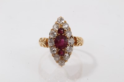 Lot 424 - Late Victorian ruby and diamond marquise shape cluster ring