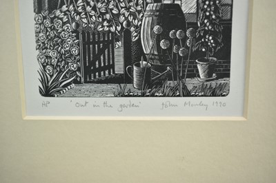 Lot 1018 - *John Morley (b.1942) artist's proof woodcut, 'Out in the garden', signed and dated 1990, 12cm x 11.5cm, in glazed frame