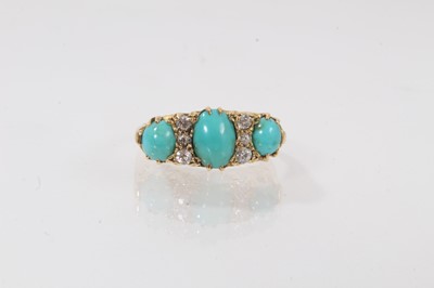 Lot 428 - Late Victorian turquoise and diamond ring with three turquoise cabochons and six old cut diamonds in carved gold setting on 18ct gold shank