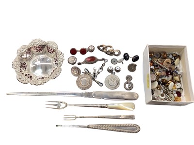 Lot 1015 - Victorian silver bon bon dish, silver letter opener/pen knife, French cork piercer, pickle forks, various dress studs, cufflinks, fobs and bijouterie