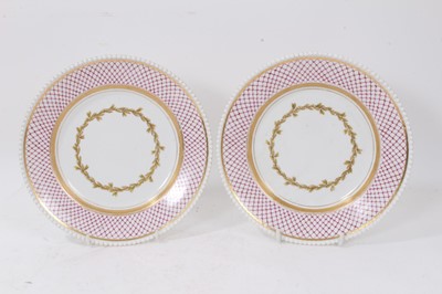 Lot 116 - Pair 19th century Russian porcelain plates, bead edged and handpainted with a trellis border, made by Alexander Popoff, Moscow, Gorbunova, c1820 (factory closed 1872)