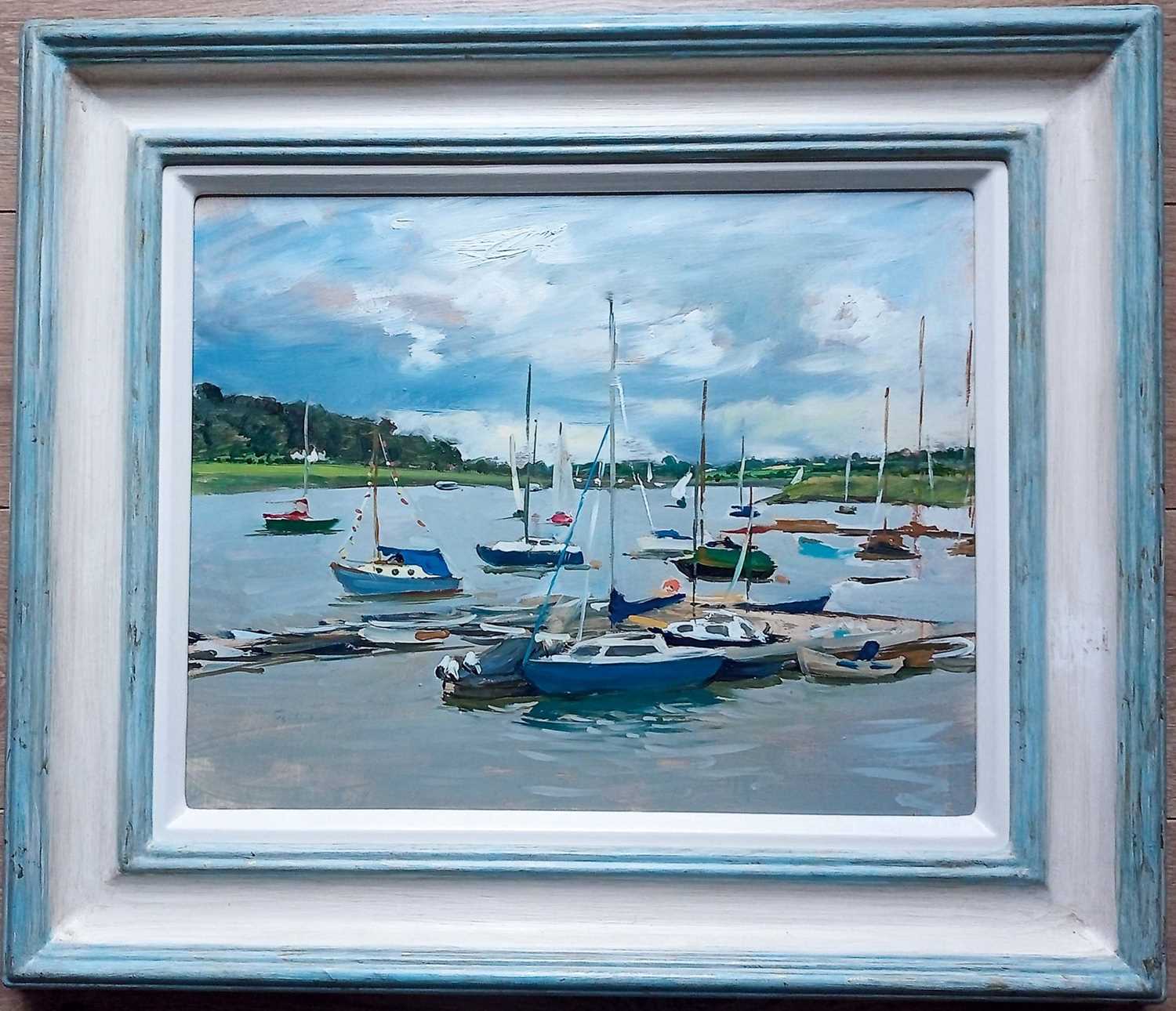 Lot 67 - Henrietta Charteris (b. 1979) oil on board - Moored Boats, signed, 38cm x 48cm, in painted frame