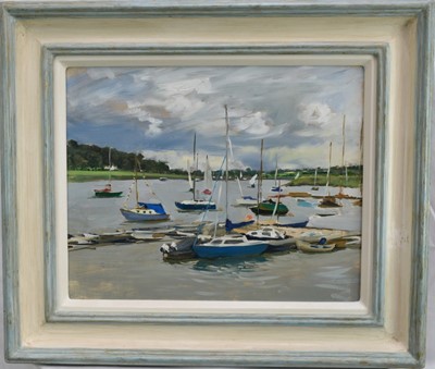 Lot 67 - Henrietta Charteris (b. 1979) oil on board - Moored Boats, signed, 38cm x 48cm, in painted frame