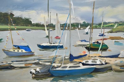 Lot 67 - Henrietta Charteris (b. 1979) oil on board - Moored Boats, signed, 38cm x 48cm, in painted frame