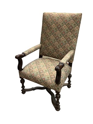 Lot 1662 - 19th century walnut Carolean style open armchair, with pad upholstered square back and seat on turned legs and wavy X-shaped stretcher