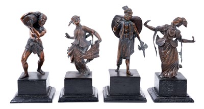 Lot 723 - Four late 19th/early 20th century Burmese bronze figures of two dancers and two peasants, on wooden bases. Each approximately 14cm high