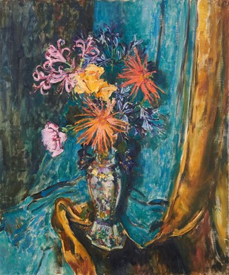 Lot 874 - Amy Watt (1900-1956) oil on canvas, flowers in a Chinese vase, 77 x 64cm