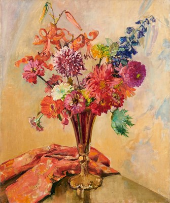 Lot 875 - Amy Watt (1900-1956) oil on canvas, High Summer in a ruby panel vase, 79 x 64cm