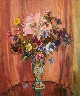 Lot 876 - Amy Watt (1900-1956) oil on canvas, Still life of flowers in a Chinese vase, 78 x 63cm