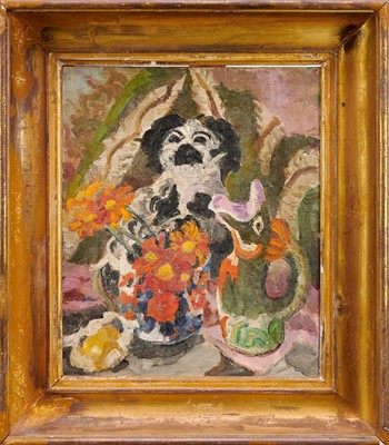 Lot 879 - *Lucy Harwood (1893-1972) oil on canvas, still life with fish vase and Staffordshire spaniel, 61 x 51cm, gilt frame, Ixion Society label verso, dated 1963