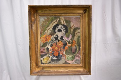 Lot 879 - *Lucy Harwood (1893-1972) oil on canvas, still life with fish vase and Staffordshire spaniel, 61 x 51cm, gilt frame, Ixion Society label verso, dated 1963