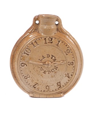 Lot 15 - A rare Fulham Pottery salt-glazed stoneware flask, circa 1840, impressed with the dial of a watch and the inscription 'Lady's Watch', impressed mark to base, 10cm high
