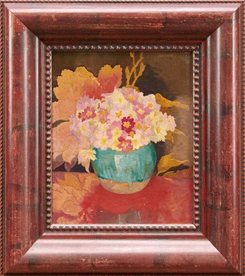 Lot 885 - Amy Watt (1900-1956) oil on board, Primroses, inscribed to label verso, 33 x 27cm, framed