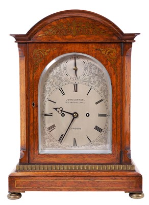 Lot 620 - Good quality late Victorian bracket clock by John Carter, London with fusee movement striking on gong, silvered arched dial with floral scrollwork and strike / silent to arch in brass inlaid oak do...