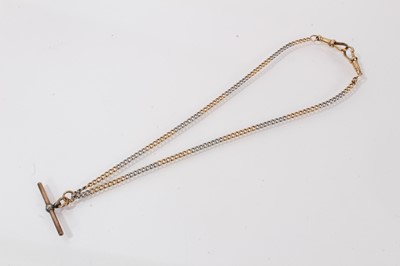 Lot 405 - 18ct yellow gold and precious white metal curb link watch chain with a 9ct gold T-bar, 38.5cm long