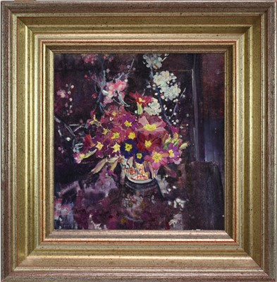 Lot 887 - Amy Watt (1900-1956) oil on canvas board, Primroses in a Chinese vase, 20 x 19cm, framed