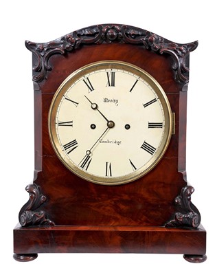 Lot 621 - Victorian bracket clock by Moody, Cambridge with painted dial, twin fusee movement striking on bell with repeat in flame mahogany veneered case with carved floral scroll work on bun feet 43cm high