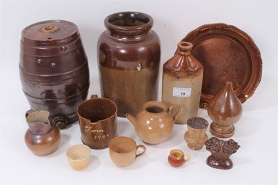Lot 19 - A group of 19th century salt-glazed stoneware, including teapot, flask, finial, etc