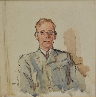 Lot 889 - Amy Watt (1900-1956) pen and watercolour, portrait of the artist John Rankine Barclay (1884-1962) in uniform, 18 x 18cm, glazed frame