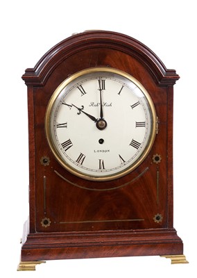 Lot 622 - 19th century bracket clock by Rob Fish, London with painted dial, fusee movement in brass inlaid dome top mahogany case with carrying handle on bracket feet 44cm high