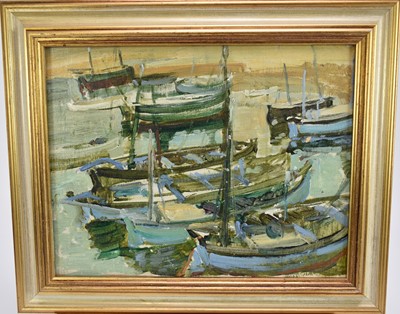 Lot 894 - Amy Watt (1900-1956) oil on board, Boats moored, St Ives, 23 x 30cm, framed