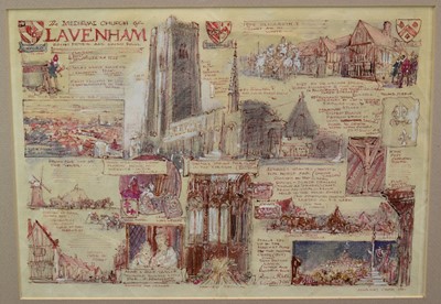 Lot 1466 - *John Millar Watt (1895-1975) mixed media, Sketch for The History of Lavenham, 33 x 46cm, glazed frame