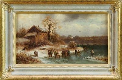 Lot 1314 - Anton Doll (1826-1887) oil on panel - Skating scene, signed and inscribed Munchen, 18cm x 31cm, in gilt frame