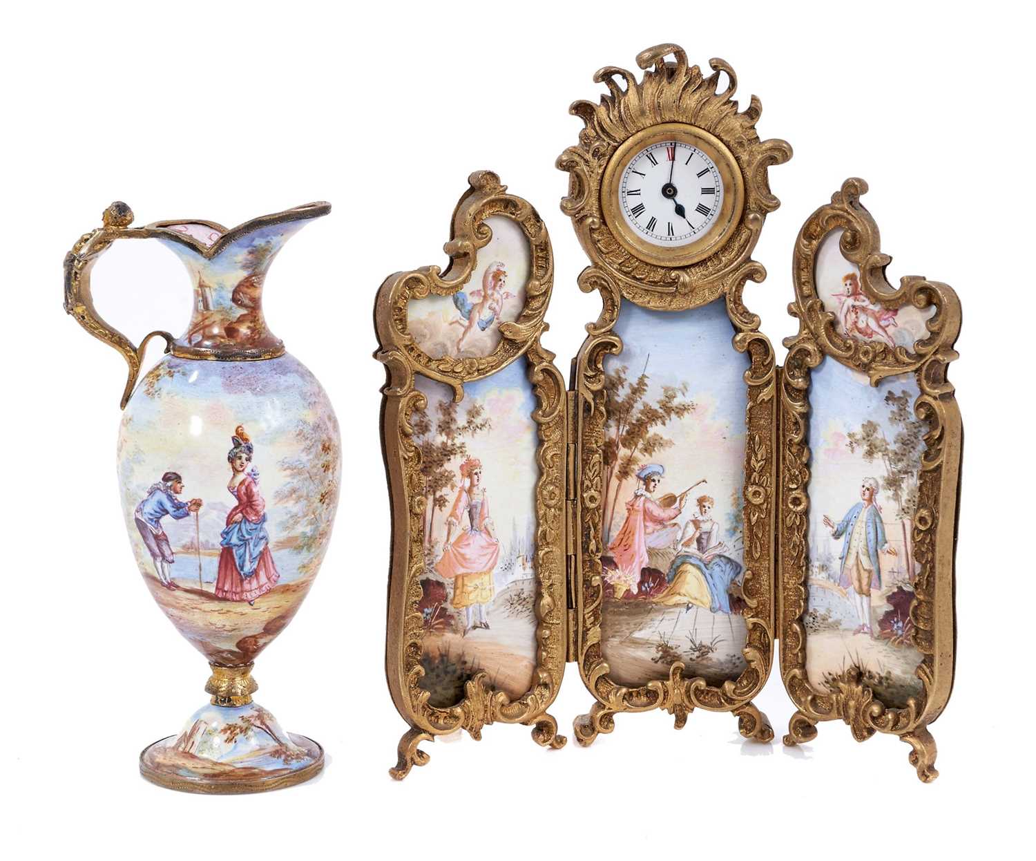 Lot 740 - Rare 19th century Viennese enamel miniature three fold screen, together with a similar vase