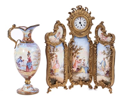 Lot 740 - Rare 19th century Viennese enamel miniature three fold screen, together with a similar vase