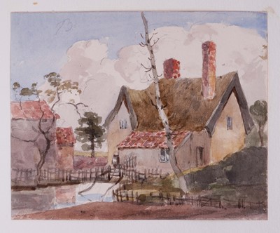 Lot 966 - Thomas Churchyard (1798-1865) watercolour - Thatched Cottage, 9.5cm x 11.5cm, sheet 22.5cm x 36cm