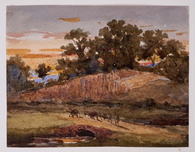 Lot 967 - Thomas Churchyard (1798-1865) watercolour - Sunset Landscape, 9.5cm x 12cm, sheet numbered 39, 22.5cm x 36.5cm