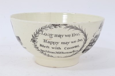 Lot 32 - 18th century cream ware bowl decorated with panels of verse and various scenes including a monkey shaving.