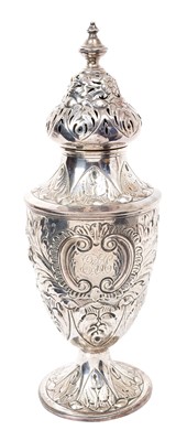 Lot 260 - Large Victorian silver sugar caster of urn form, with all over embossed floral decoration