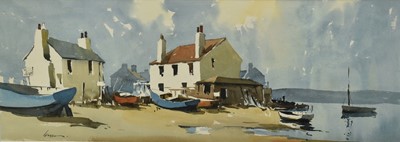 Lot 1485 - *Edward Wesson (1910-1983) watercolour - Village Harbour, signed, 27cm x 75cm, in glazed frame